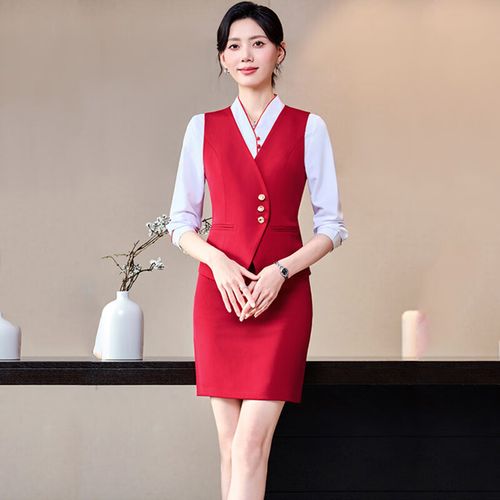 梵蒙 会议服务员套装 两件套马甲加裙子FM-FWA12A252-1多色 【红色套装】 2XL